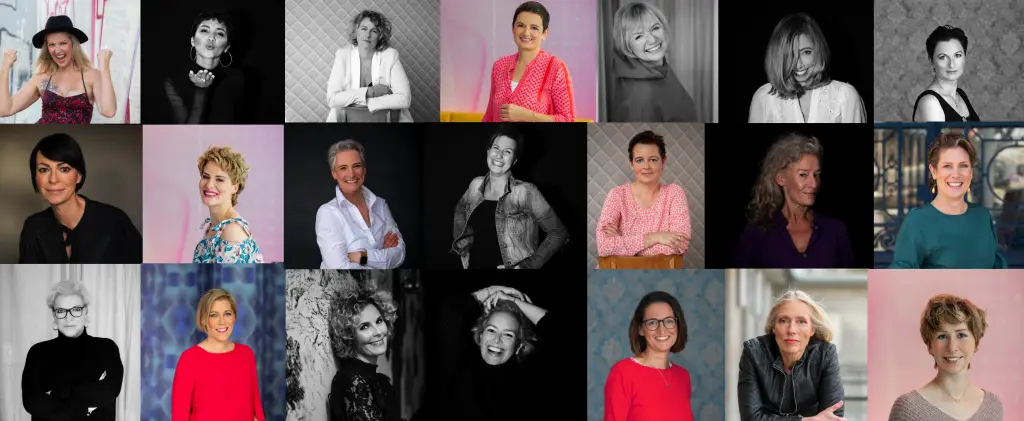 Eine Bildcollage mit Bildern verschiedener Frauen zum Teil in Farbe und Schwarz/Weiß in Kacheln vom LebensHeldin Mutmach-Buch